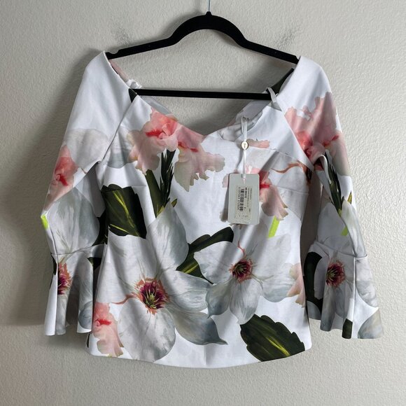 NEW Ted Baker Womens Medium Chatsworth Bloom Floral Off Shoulder Bell Sleeve Top - Picture 9 of 16